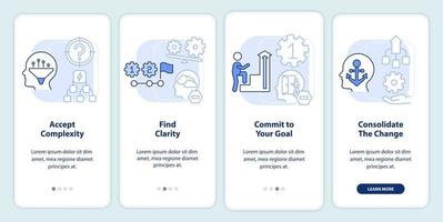 Adaptation to complex change light blue onboarding mobile app screen. Walkthrough 4 steps editable graphic instructions with linear concepts. UI, UX, GUI template vector