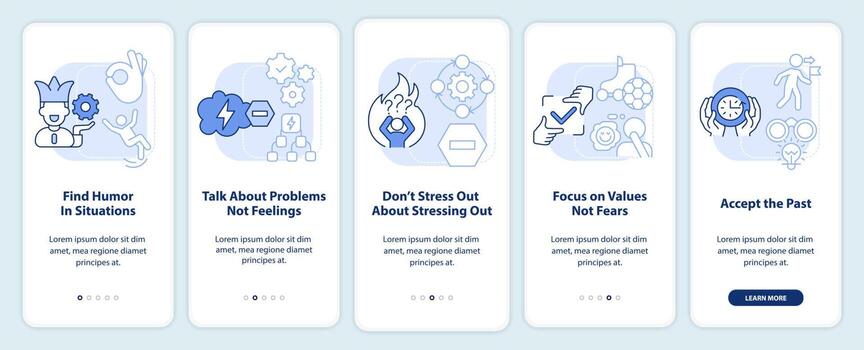 Dealing with change light blue onboarding mobile app screen. Walkthrough 5 steps editable graphic instructions with linear concepts. UI, UX, GUI template vector