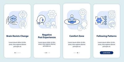 Why we resist change light blue onboarding mobile app screen. Walkthrough 4 steps editable graphic instructions with linear concepts. UI, UX, GUI template vector