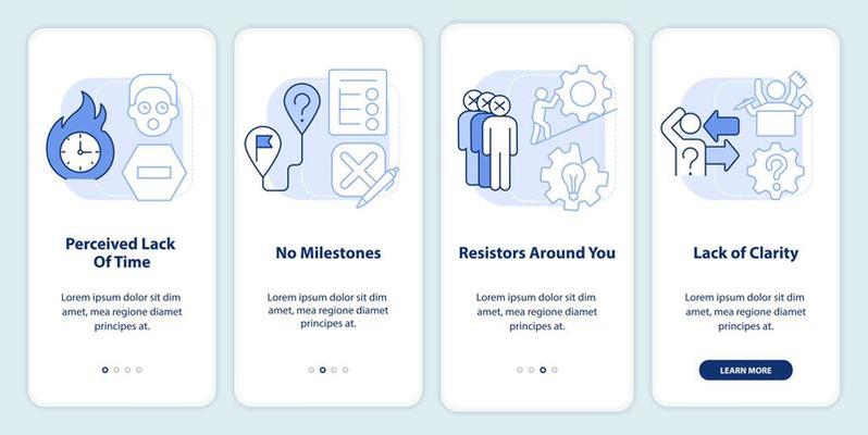 Barriers to change management light blue onboarding mobile app screen. Walkthrough 4 steps editable graphic instructions with linear concepts. UI, UX, GUI template