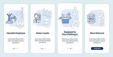 Workplace adaptability light blue onboarding mobile app screen. Walkthrough 4 steps editable graphic instructions with linear concepts. UI, UX, GUI template vector