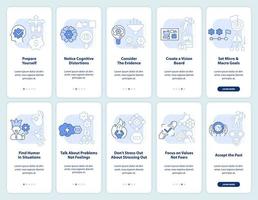 Adaptability light blue onboarding mobile app screen set. Mindset walkthrough 5 steps editable graphic instructions with linear concepts. UI, UX, GUI template vector