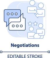 Negotiations light blue concept icon. Business discussion. Compromise. Merger stage abstract idea thin line illustration. Isolated outline drawing. Editable stroke vector