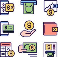 Financial management pixel perfect RGB color icons set. Withdrawing cash from ATM. Investment growth. Isolated vector illustrations. Simple filled line drawings collection. Editable stroke