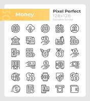 Money pixel perfect linear icons set. Personal, business finances. Customizable thin line symbols. Isolated vector outline illustrations. Editable stroke