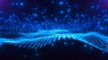 Abstract blue waves lines from particles and dots of energetic magic with glow effect and blur bokeh abstract background. Video 4k, 60 fps