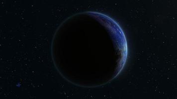 astratto realistico spazio Filatura pianeta il giro sfera con un' blu acqua superficie nel spazio contro il sfondo di stelle, video 4k, 60 fps