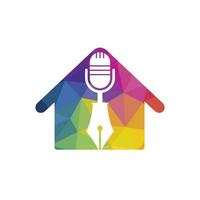 Pen microphone conference podcast radio logo design. Education podcast vector logo design.