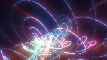 astratto multicolore arcobaleno neon Linee e cerchi energia laser volante su un' nero sfondo, video 4k, 60 fps