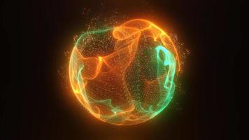 abstrakt Grün Orange geloopt Energie Kugel von Partikel und Wellen von magisch glühend auf ein dunkel Hintergrund, Video 4k