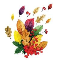 watercolor drawing. autumn composition with dry leaves and berries. yellow and red leaves, autumn bouquet vector