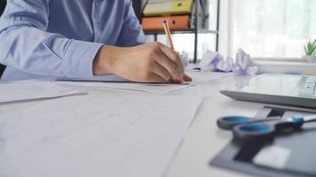 Architect Designer Workspace Close-up. Architect designer drawing plan blueprint close-up. Professional engineer working, interior creator making architectural house project, drafting building. video