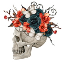 Watercolor halloween decorated skull with roses and dried leaves png