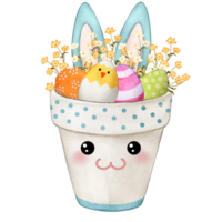 Watercolor cute bunny pot full of decorated eggs png