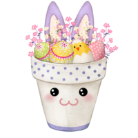 Watercolor cute bunny pot full of decorated eggs png