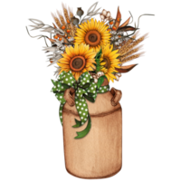 Watercolor vintage milk bucket with sunflowers png