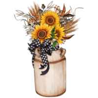 Watercolor vintage milk bucket with sunflowers png