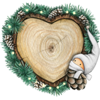 acquerello mano disegnato di legno cuore fetta con elfi, pigne e pino rami png
