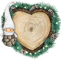 watercolor hand drawn wooden heart slice with elves, pinecones and pine branches png