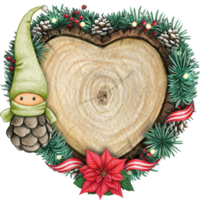 watercolor hand drawn wooden heart slice with elves, pinecones and pine branches png