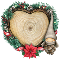 watercolor hand drawn wooden heart slice with elves, pinecones and pine branches png