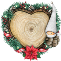 watercolor hand drawn wooden heart slice with elves, pinecones and pine branches png