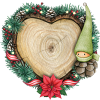 watercolor hand drawn wooden heart slice with elves, pinecones and pine branches png