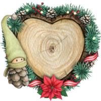 watercolor hand drawn wooden heart slice with elves, pinecones and pine branches png