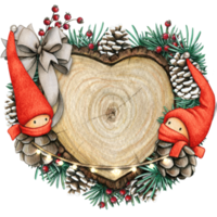 watercolor hand drawn wooden heart slice with elves, pinecones and pine branches png