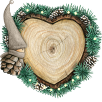 acuarela mano dibujado de madera corazón rebanada con elfos, piñas y pino ramas png
