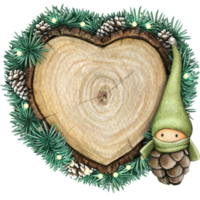 watercolor hand drawn wooden heart slice with elves, pinecones and pine branches png