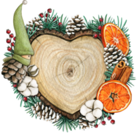 acquerello mano disegnato di legno cuore fetta con elfi, pigne e pino rami png