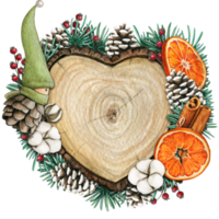 watercolor hand drawn wooden heart slice with elves, pinecones and pine branches png