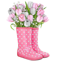 watercolor rubber boots with floral bouquet png