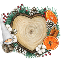 watercolor hand drawn wooden heart slice with elves, pinecones and pine branches png