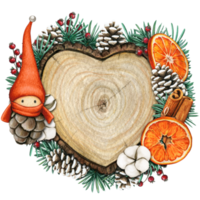 watercolor hand drawn wooden heart slice with elves, pinecones and pine branches png