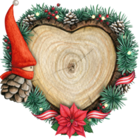 watercolor hand drawn wooden heart slice with elves, pinecones and pine branches png