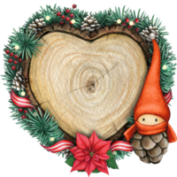 watercolor hand drawn wooden heart slice with elves, pinecones and pine branches png