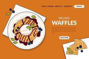 Web Page with Belgian waffles on a colorful background. Traditional dessert. Breakfast. Banner, website, advertising, menu. Vector illustration in doodle style