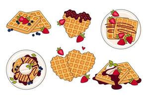 Set of different belgian waffles. Vector illustration in doodle style. Healthy eating, cooking, breakfast menu, dessert, recipes. Perfect for banner, website, poster, menu, advertising.