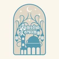 modern style Ramadan Mubarak greeting cards with retro boho design, moon, mosque dome and lanterns vector