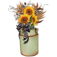 Watercolor vintage milk bucket with sunflowers png