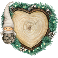 watercolor hand drawn wooden heart slice with elves, pinecones and pine branches png