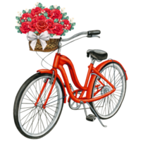 watercolor hand drawn bike with basket full of roses png