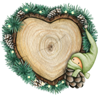 watercolor hand drawn wooden heart slice with elves, pinecones and pine branches png