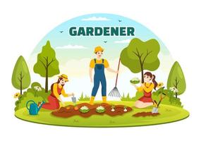 jardinero ilustración con jardín herramientas, agricultura, crece vegetales en botánico verano jardinería plano dibujos animados mano dibujado para aterrizaje página plantillas vector