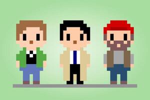 8 bits pixels three mans. People pixel in Vector illustration for game assets and cross stitch patterns.