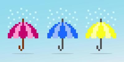 Paraguas de píxeles de 8 bits para iconos de juegos. patrón de punto de cruz de vector de ilustración
