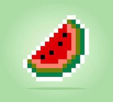 Píxel de 8 bits de rebanada de sandía. píxeles de frutas para iconos de juegos. patrón de punto de cruz de vector de ilustración