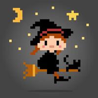 8 bit pixel the witch flying with a broom, and a black cat with her in vector illustration for game asset or cross stitch pattern